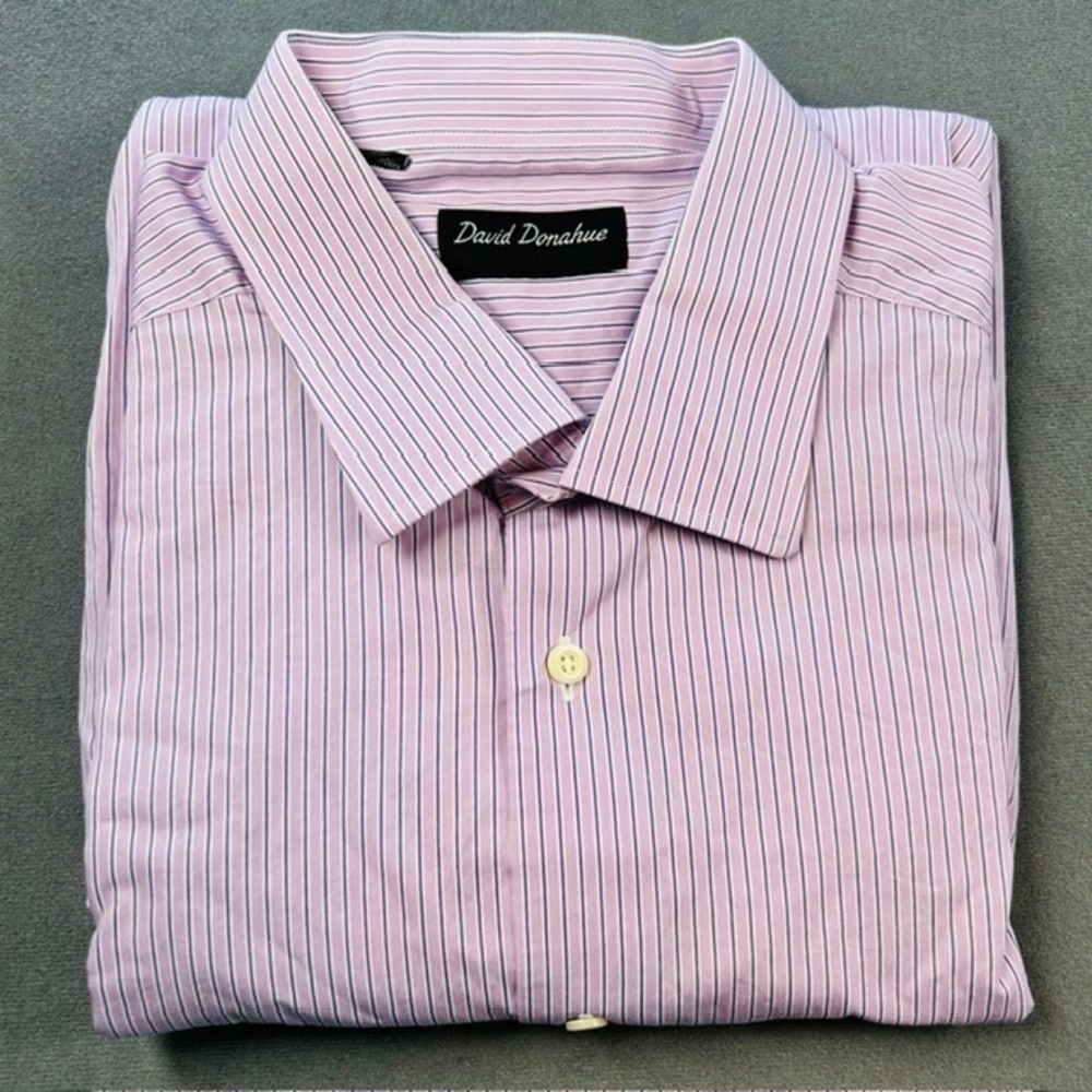 David Donahue Men's Purple White Stripe Button Up Dress Shirt 17.5 36/37